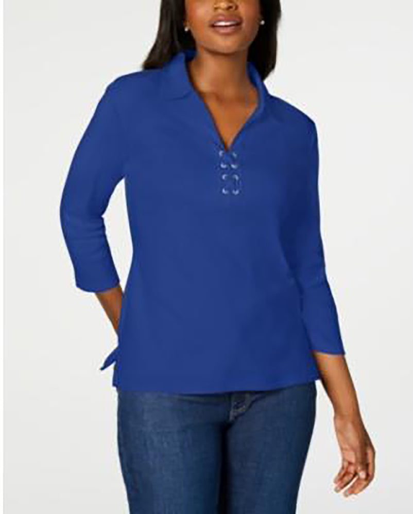 Camisa feminina Karen Scott de algodão com cadarço, azul ultra, tamanho pequeno