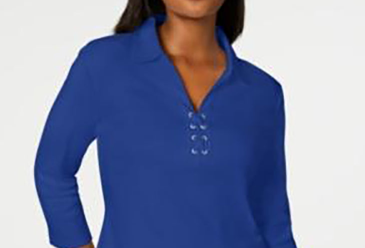 Camisa feminina Karen Scott de algodão com cadarço, azul ultra, tamanho pequeno
