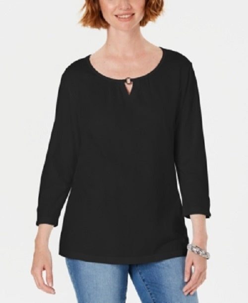 Blusa feminina Karen Scott com manga três quartos, preta, tamanho pequeno