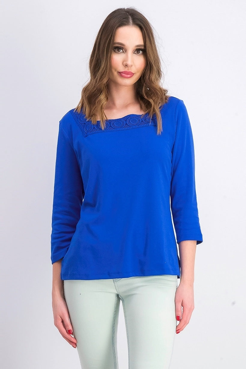 Blusa feminina Karen Scott de crochê com decote quadrado, azul-marinho, tamanho X-S