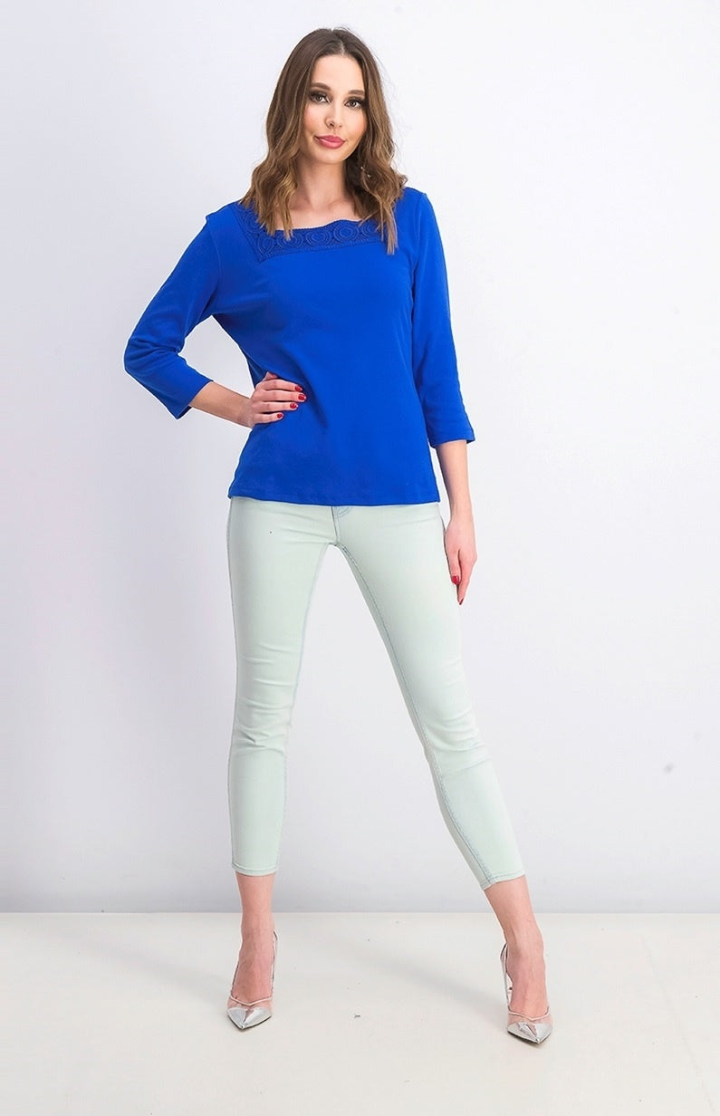 Blusa feminina Karen Scott de crochê com decote quadrado, azul-marinho, tamanho X-S