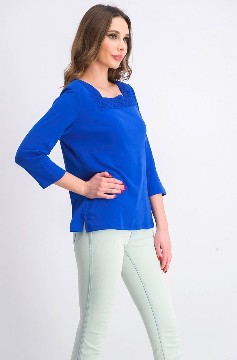 Blusa feminina Karen Scott de crochê com decote quadrado, azul-marinho, tamanho X-S