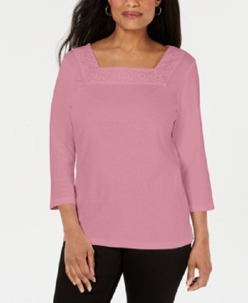 Blusa feminina Karen Scott de crochê com decote quadrado, rosa escuro, tamanho X-S