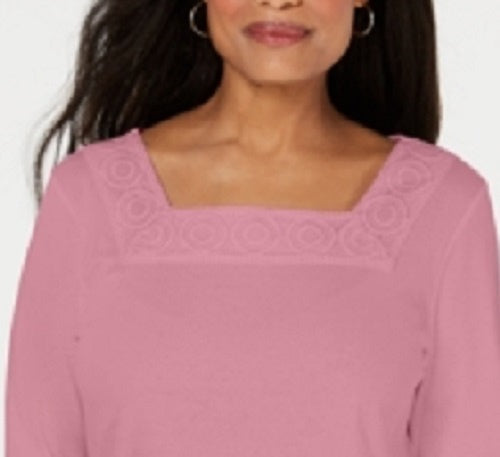 Blusa feminina Karen Scott de crochê com decote quadrado, rosa escuro, tamanho X-S