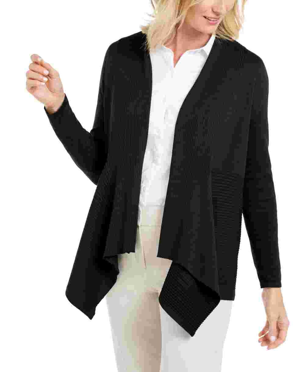 Cardigan feminino JM Collection Petite com nervuras mistas e plissado, preto, tamanho extragrande