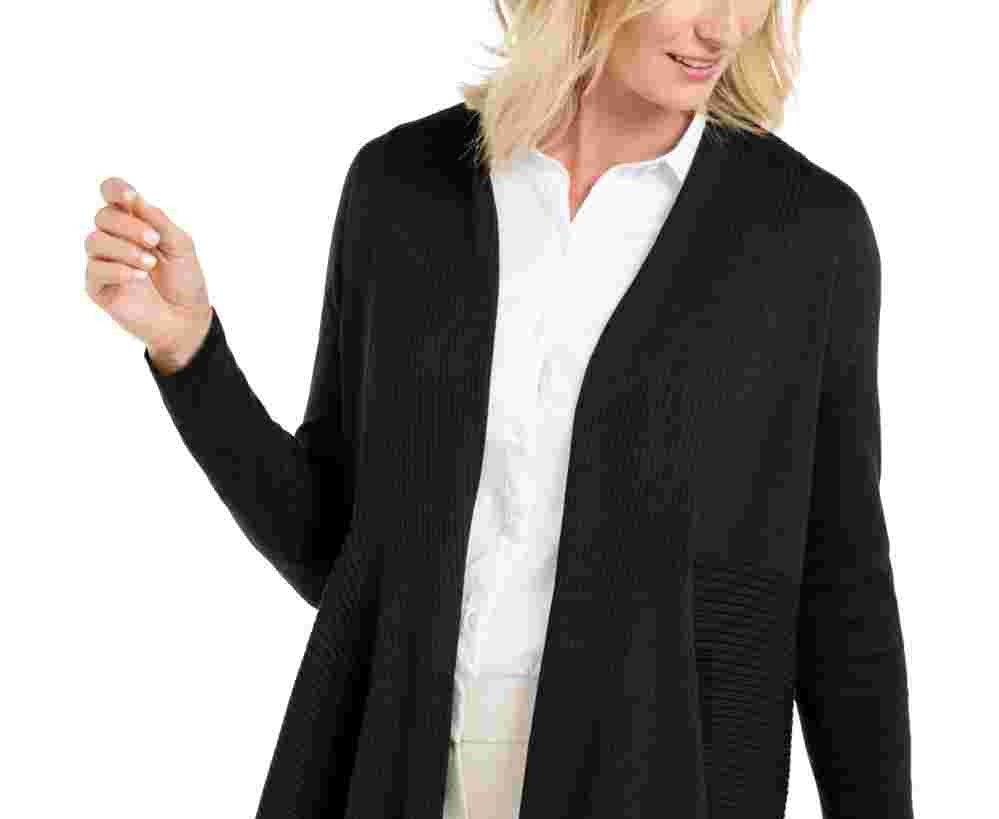 Cardigan feminino JM Collection Petite com nervuras mistas e plissado, preto, tamanho extragrande