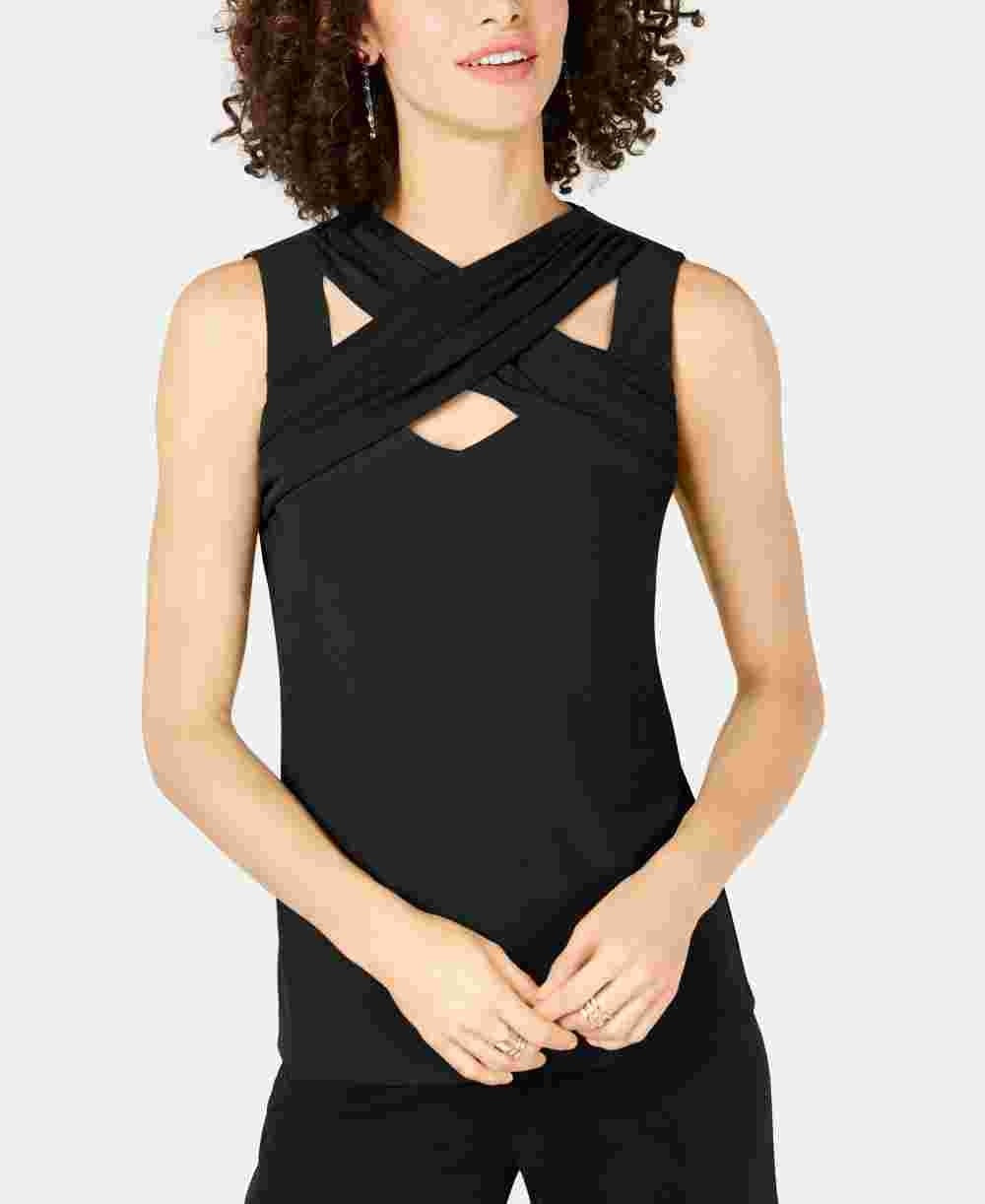INC International Concepts Top feminino com recorte cruzado, preto, tamanho X-S