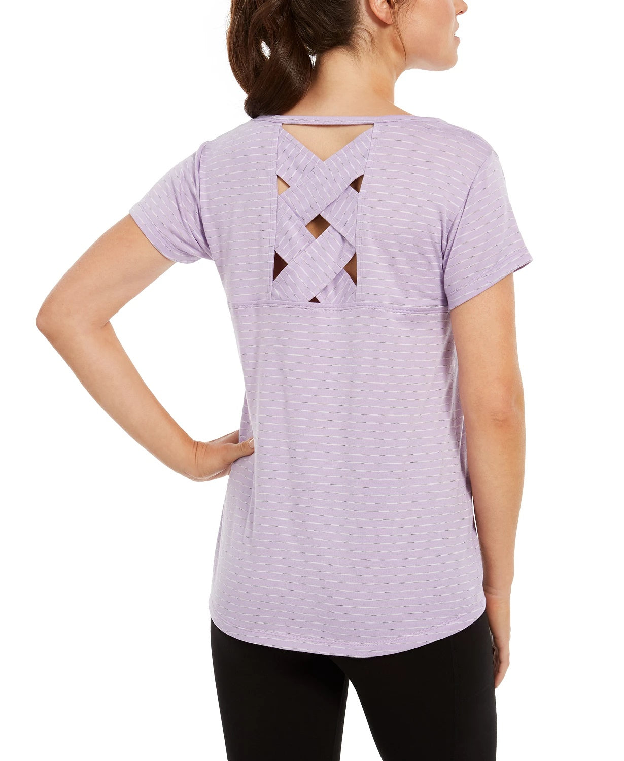 Camiseta feminina listrada com costas em treliça Ideology, roxa, tamanho XX-G