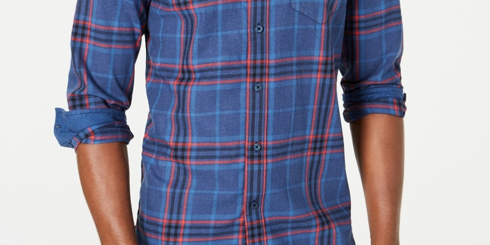 Camisa xadrez masculina American Rag com acabamento contrastante, tamanho grande, azul marinho