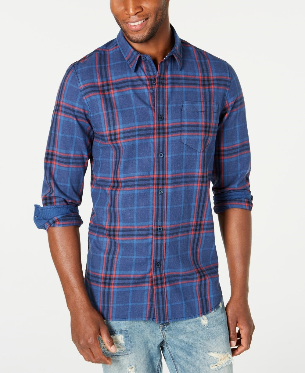 Camisa xadrez de algodão American Rag masculina Mark, tamanho XS, azul-marinho