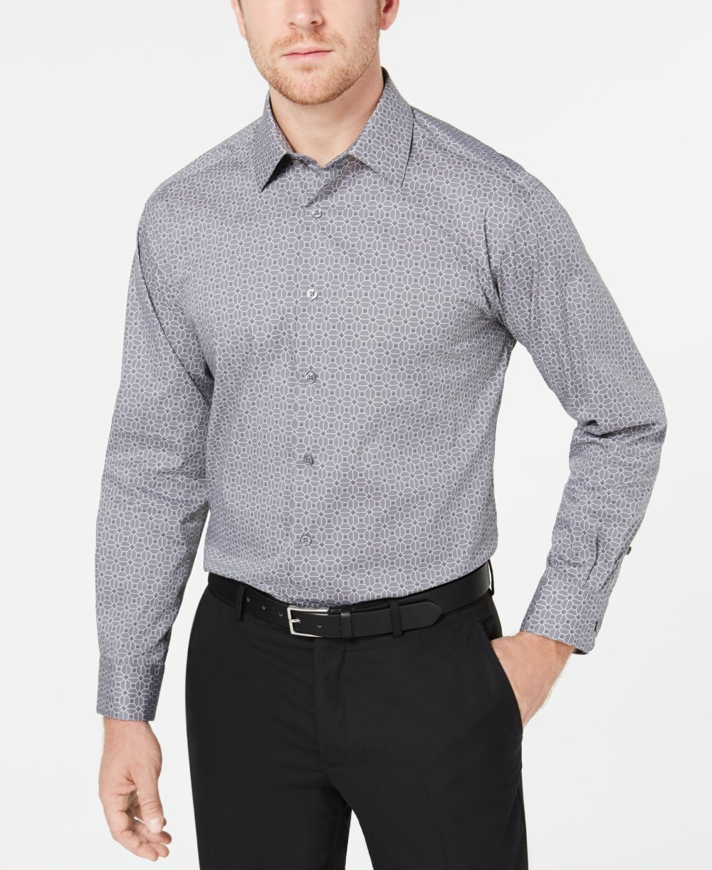 Camisa social masculina Alfatech Classic/Regular Fit Performance Stretch, com absorção de umidade e resistente a rugas, estampa quadrada e azulejos, tamanho cinza, 17x34-35