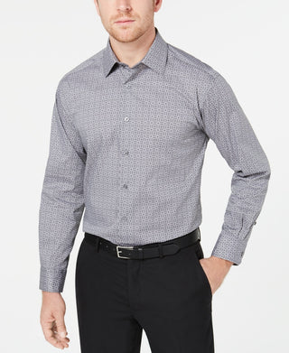 Camisa social masculina Alfatech Classic/Regular Fit Performance Stretch, com absorção de umidade e resistente a rugas, estampa quadrada e azulejos, tamanho cinza, 17x34-35