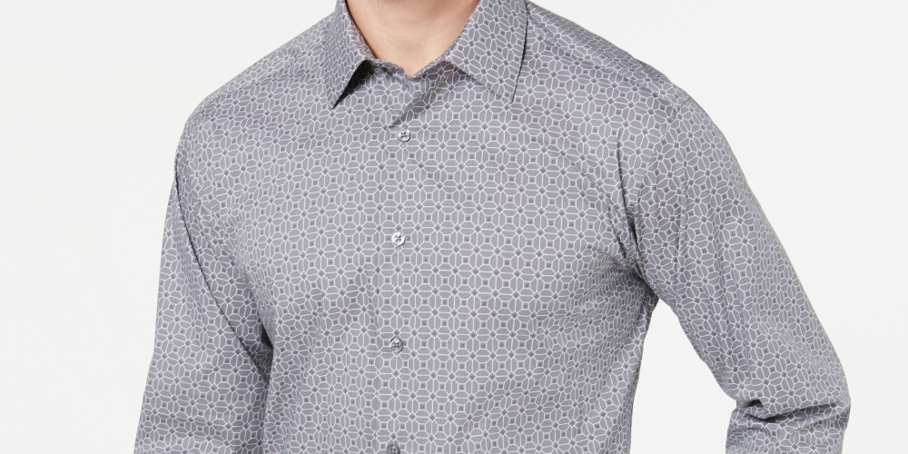 Camisa social masculina Alfatech Classic/Regular Fit Performance Stretch, com absorção de umidade e resistente a rugas, estampa quadrada e azulejos, tamanho cinza, 17x34-35