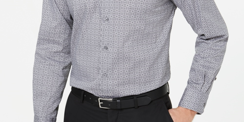 Camisa social masculina Alfatech Classic/Regular Fit Performance Stretch, com absorção de umidade e resistente a rugas, estampa quadrada e azulejos, tamanho cinza, 17x34-35