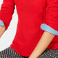 Suéter feminino com estampa canelada, manga comprida, gola redonda, vermelho, tamanho pequeno médio