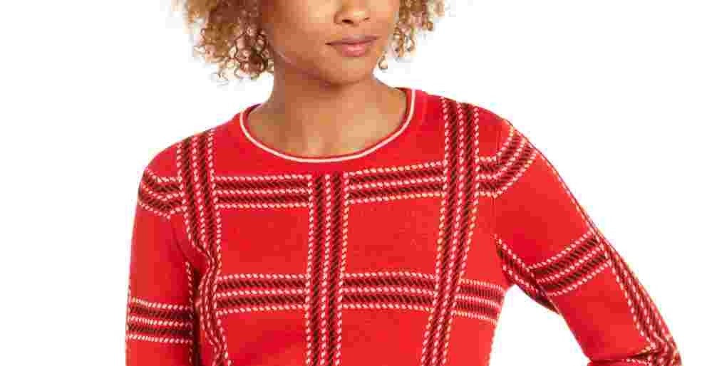 Blusa feminina estampada de manga comprida e gola redonda, tamanho pequeno e vermelho