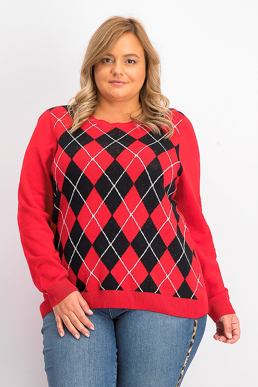 Suéter feminino Charter Club Argyle com gola redonda, vermelho, tamanho extragrande