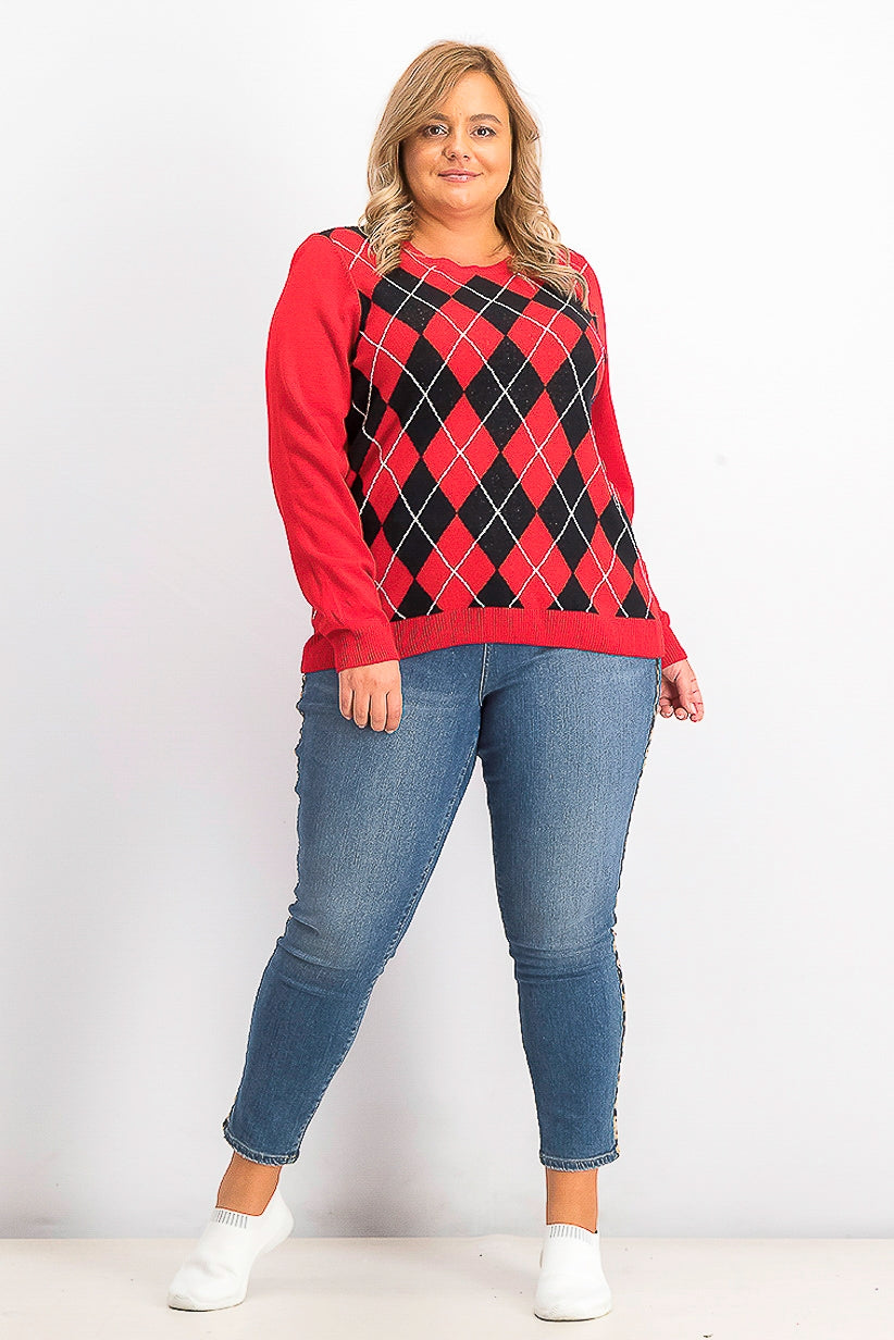 Suéter feminino Charter Club Argyle com gola redonda, vermelho, tamanho extragrande