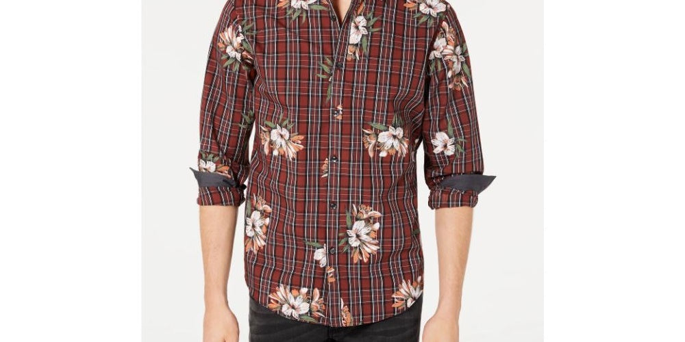 Camisa casual xadrez floral masculina INC International Concepts vermelha tamanho pequeno