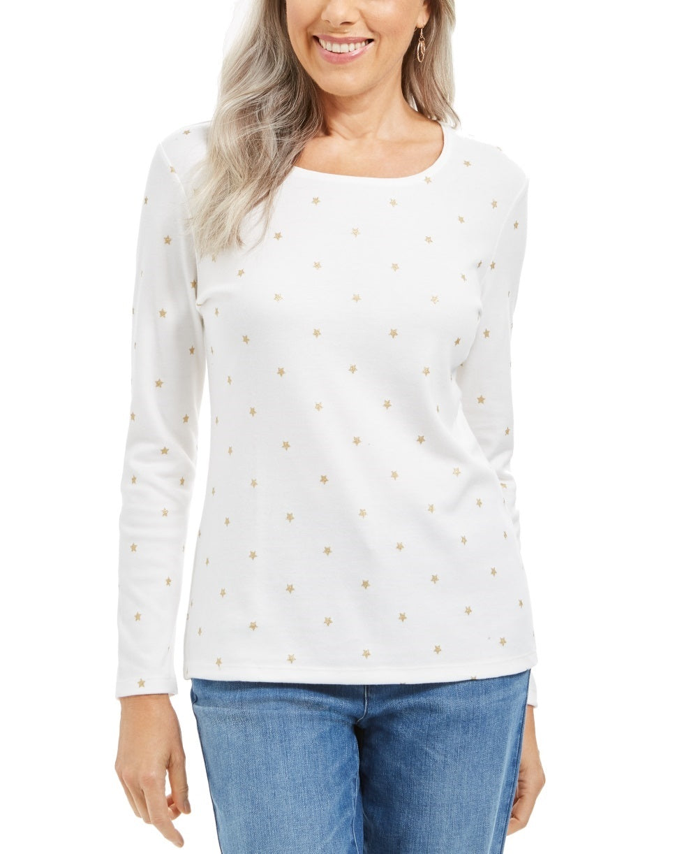 Karen Scott Blusa Feminina Glitter Starburst Gola Redonda Branca Tamanho X-G