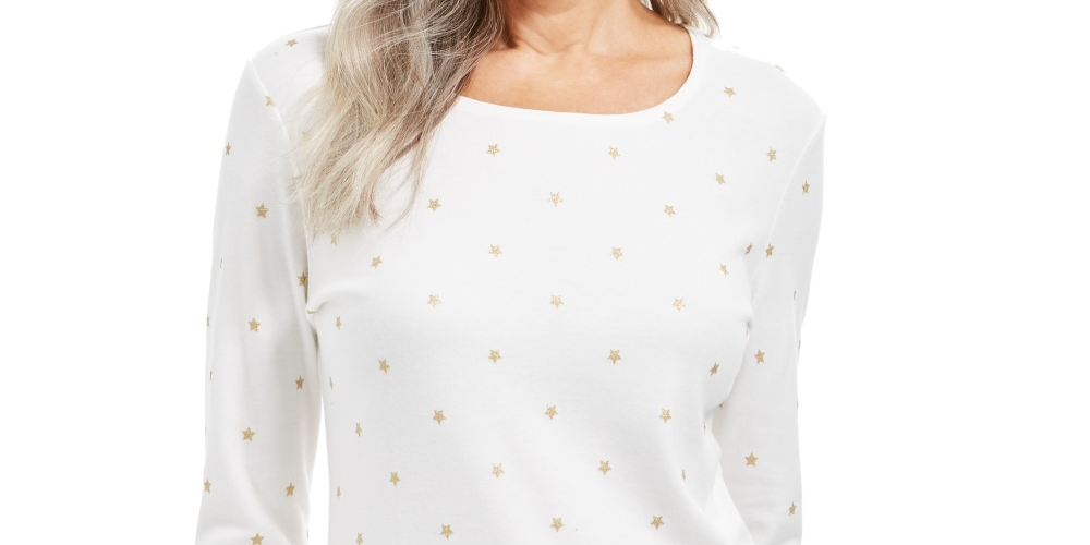 Karen Scott Blusa Feminina Glitter Starburst Gola Redonda Branca Tamanho X-G
