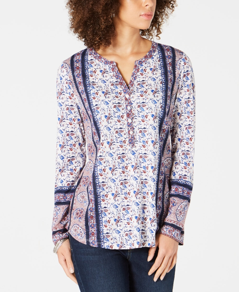 Blusa feminina estampada com mangas bufantes e aba estilo Style &amp; Co, tamanho azul marinho, pequena