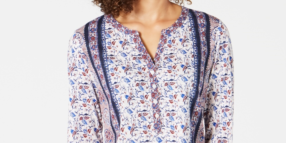 Blusa feminina estampada com mangas bufantes e aba estilo Style &amp; Co, tamanho azul marinho, pequena