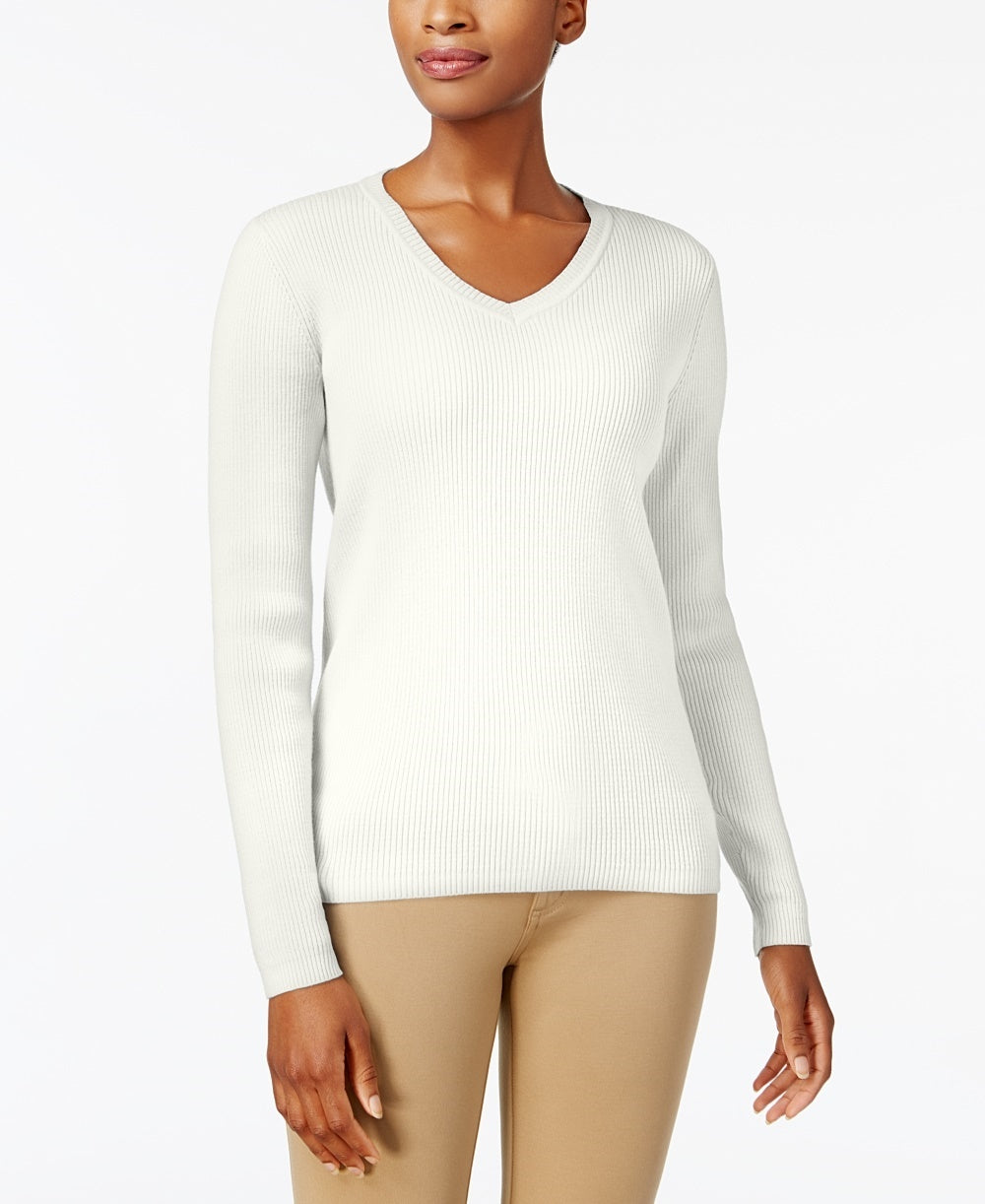 Karen Scott Suéter feminino de algodão com decote em V, branco, tamanho XX-G