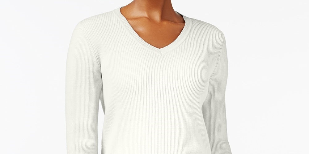 Karen Scott Suéter feminino de algodão com decote em V, branco, tamanho XX-G