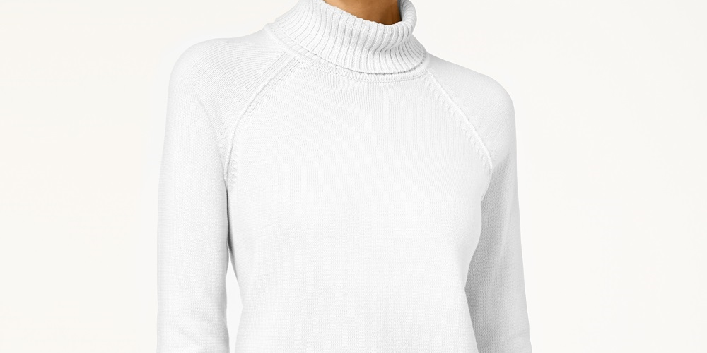 Karen Scott Suéter feminino de algodão com gola alta, tamanho pequeno, branco, tamanho grande
