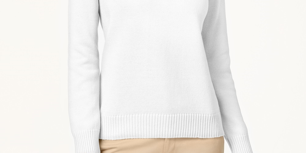 Karen Scott Suéter feminino de algodão com gola alta, tamanho pequeno, branco, tamanho grande