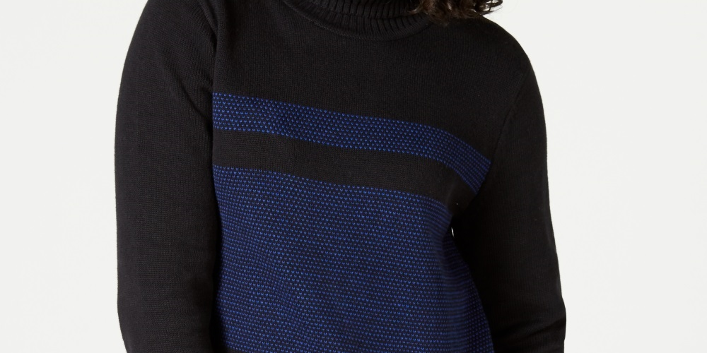 Karen Scott Suéter Feminino Petite Colorblocked Algodão Gola Alta Azul Tamanho Pequeno Grande