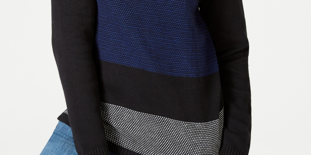 Karen Scott Suéter Feminino Petite Colorblocked Algodão Gola Alta Azul Tamanho Pequeno Grande