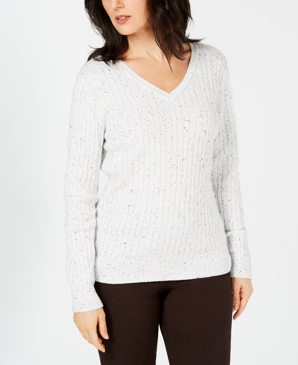 Karen Scott Suéter Feminino Petite Cable-Knit com Decote em V Tamanho Natural - GG