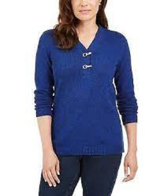Karen Scott Suéter Henley Feminino de Algodão Marmorizado Azul Tamanho Grande