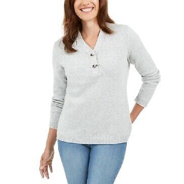Karen Scott Suéter Henley de Algodão com Acabamento em Ferragens Feminino Branco Tamanho Pequeno Médio