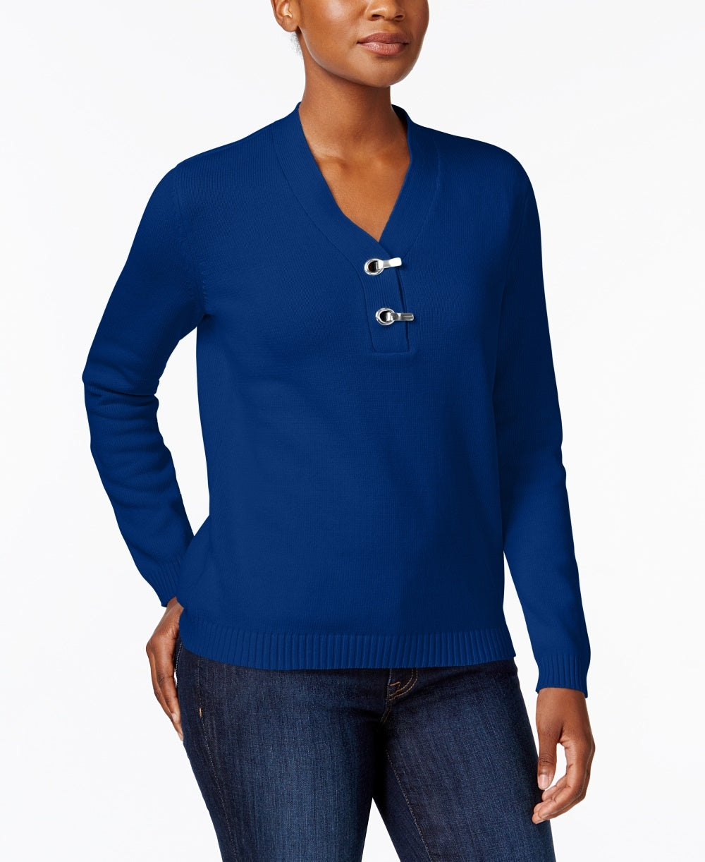 Karen Scott Suéter Henley Feminino de Algodão Azul Tamanho Pequeno Médio