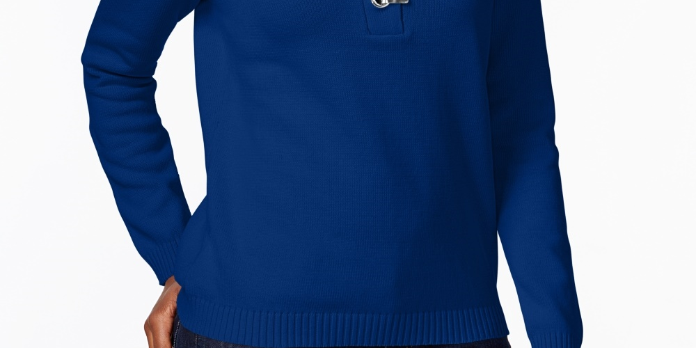 Karen Scott Suéter Henley Feminino de Algodão Azul Tamanho Pequeno Médio
