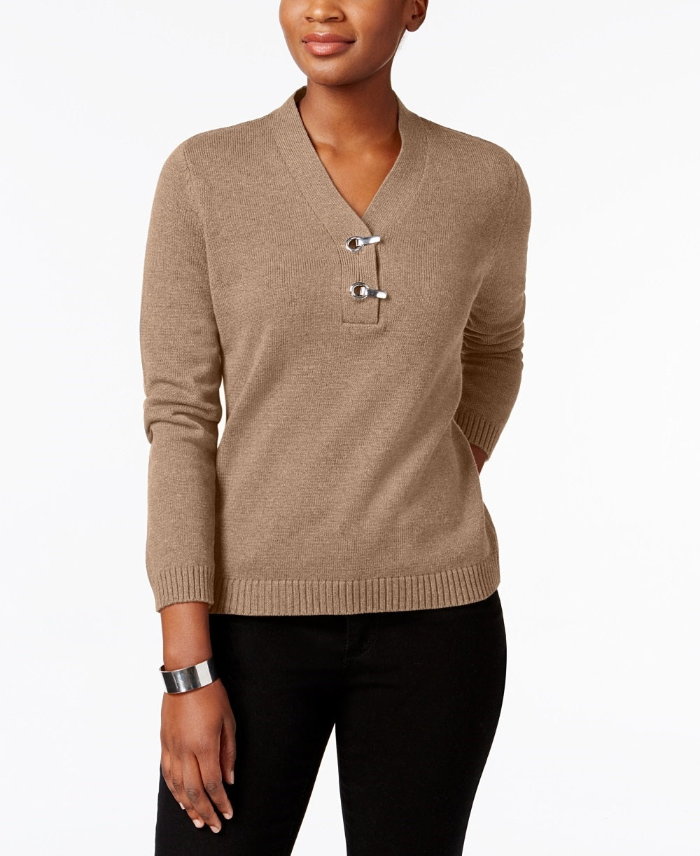 Karen Scott Suéter Henley Feminino Petite Cotton Toggle Marrom Tamanho Petite X-Large