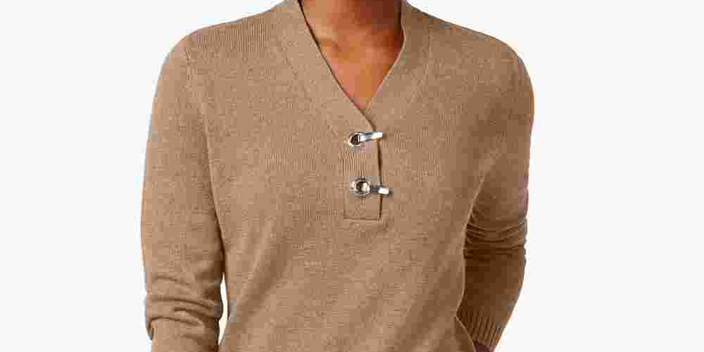 Karen Scott Suéter Henley Feminino Petite Cotton Toggle Marrom Tamanho Petite X-Large