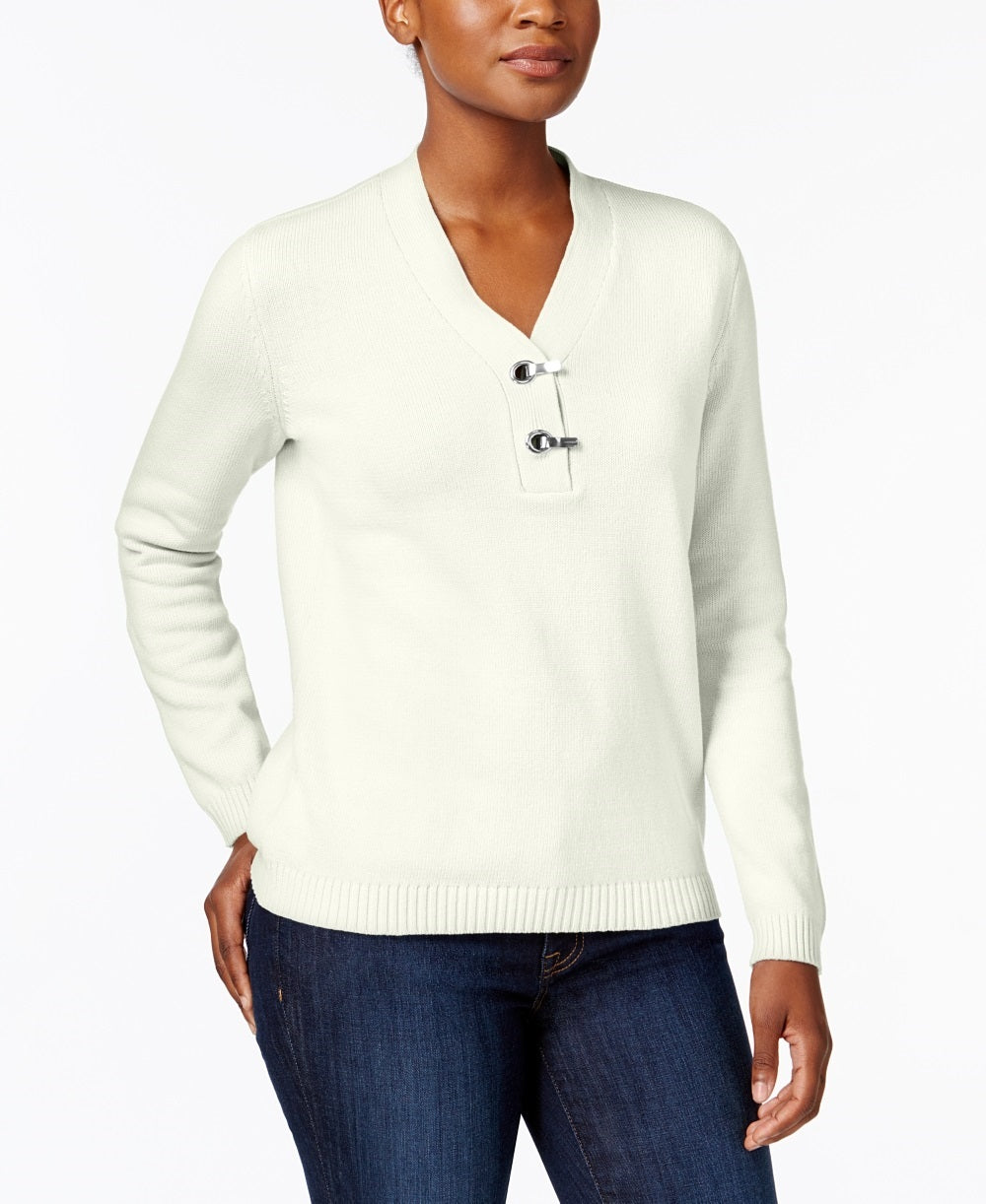 Karen Scott Suéter Henley Feminino Petite Cotton Toggle Branco Tamanho Petite Grande