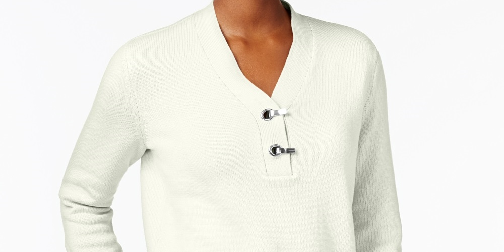 Karen Scott Suéter Henley Feminino Petite Cotton Toggle Branco Tamanho Petite Grande