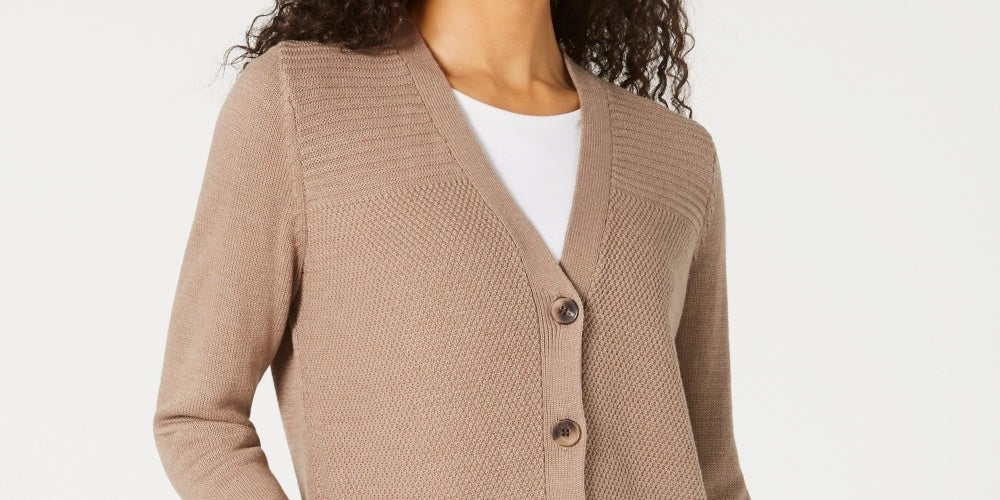Karen Scott Cardigan Feminino com Botões Frontais e Pontos Mistos, Marrom, Tamanho XS