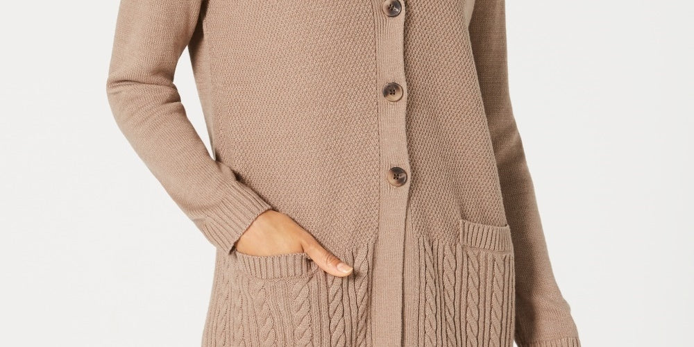 Karen Scott Cardigan Feminino com Botões Frontais e Pontos Mistos, Marrom, Tamanho XS