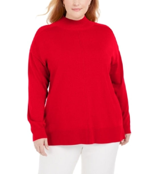 Karen Scott Suéter feminino plus size de algodão com gola alta, vermelho brilhante, tamanho 0X