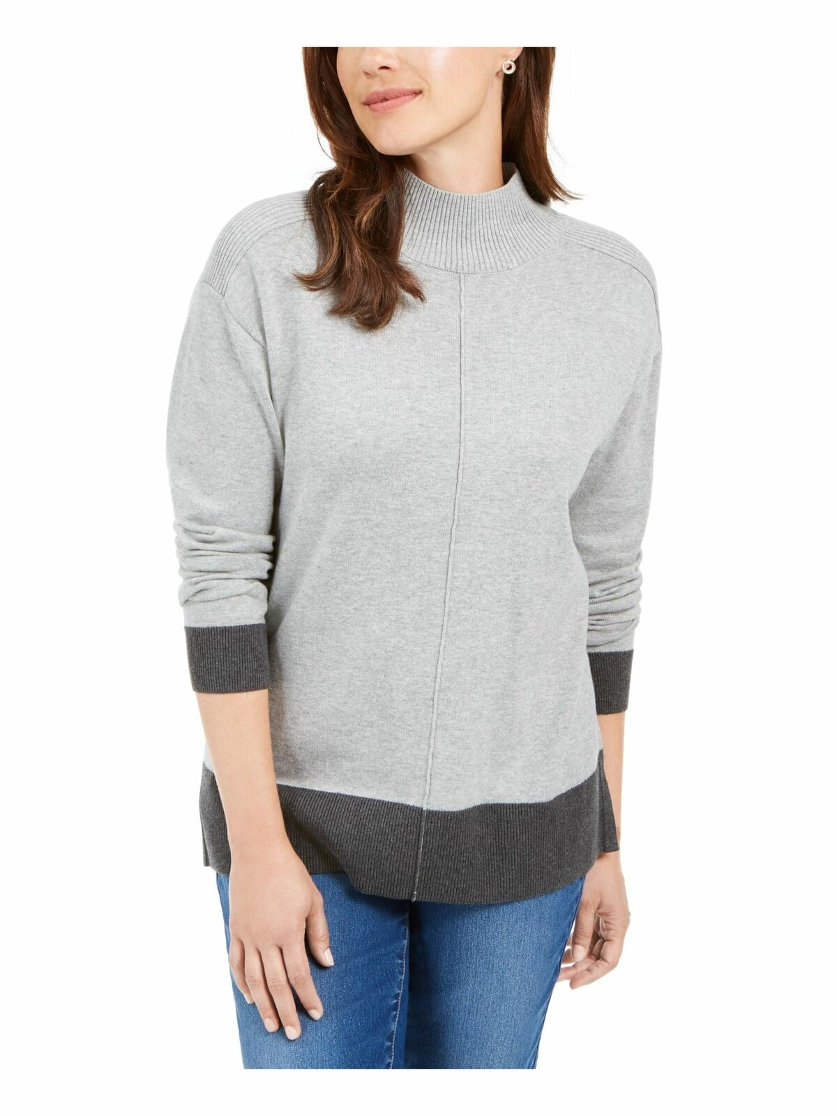 Karen Scott Suéter Feminino Erin Cotton Colorblocked Gola Simulada Cinza Tamanho Grande