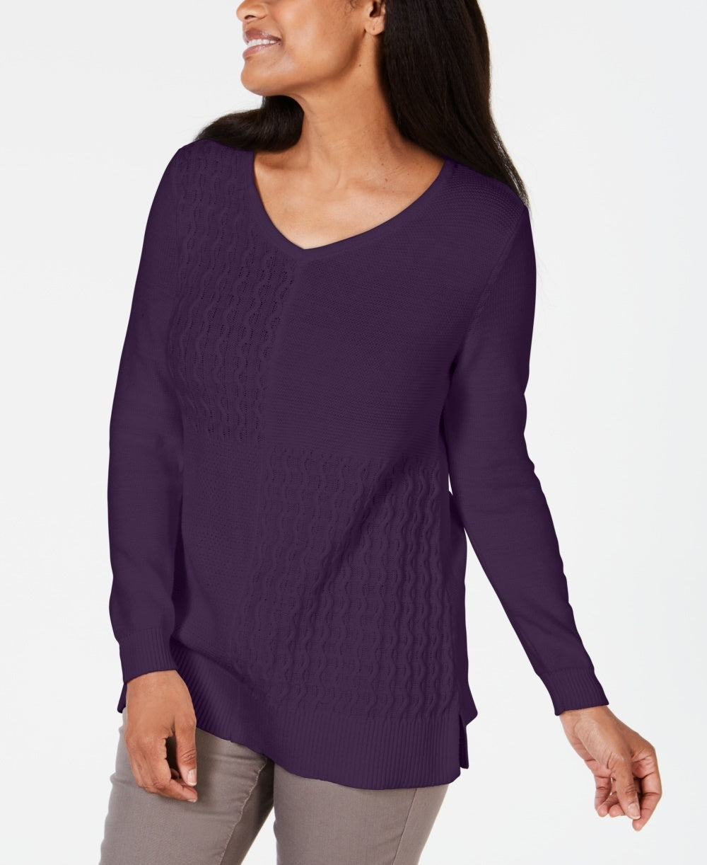 Suéter feminino Karen Scott de algodão com pontos mistos, roxo, tamanho X-S