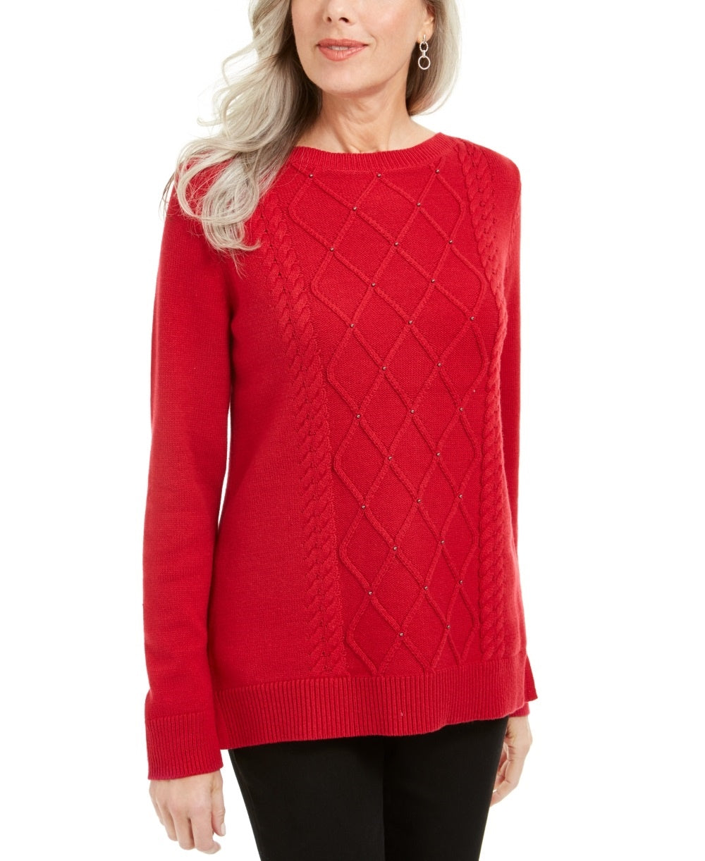 Karen Scott Suéter Feminino de Tricô com Contas Vermelho Tamanho Médio