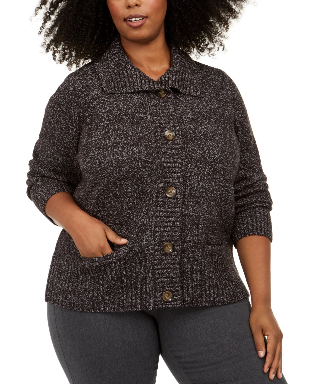 Karen Scott Cardigan Feminino Plus Size Marled com Gola Asa Preto Tamanho 0X