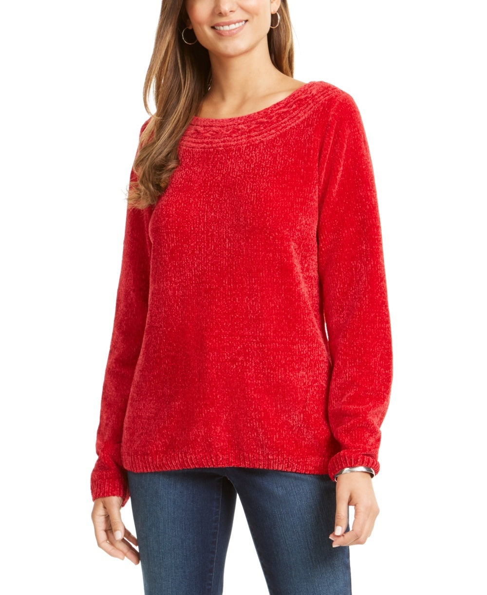 Karen Scott Suéter Feminino Gola Canoa Chenille Vermelho Brilhante Tamanho XS